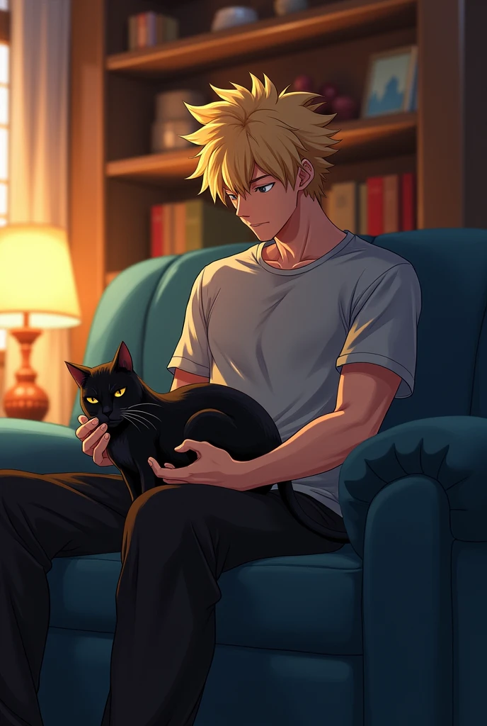 Adult Katsuki bakugo sitting on a dark blue couch with a black cat on his lap petting it