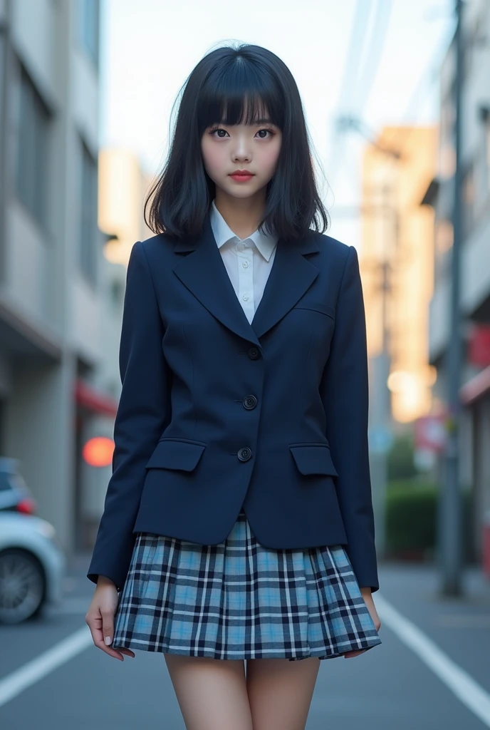 Black-haired Japanese high school girl。
The uniform is a blazer and the top is navy blue, giving it a realistic, photo-like feel.。
The skirt is checkered in light blue, navy blue, and gray.。
The length of the skirt is a little short, the length of the hair is long enough to reach the waist, and the bangs are long enough to cover the eyebrows. The composition is like Nogizaka46, looking up from the ground. It's like a photograph.