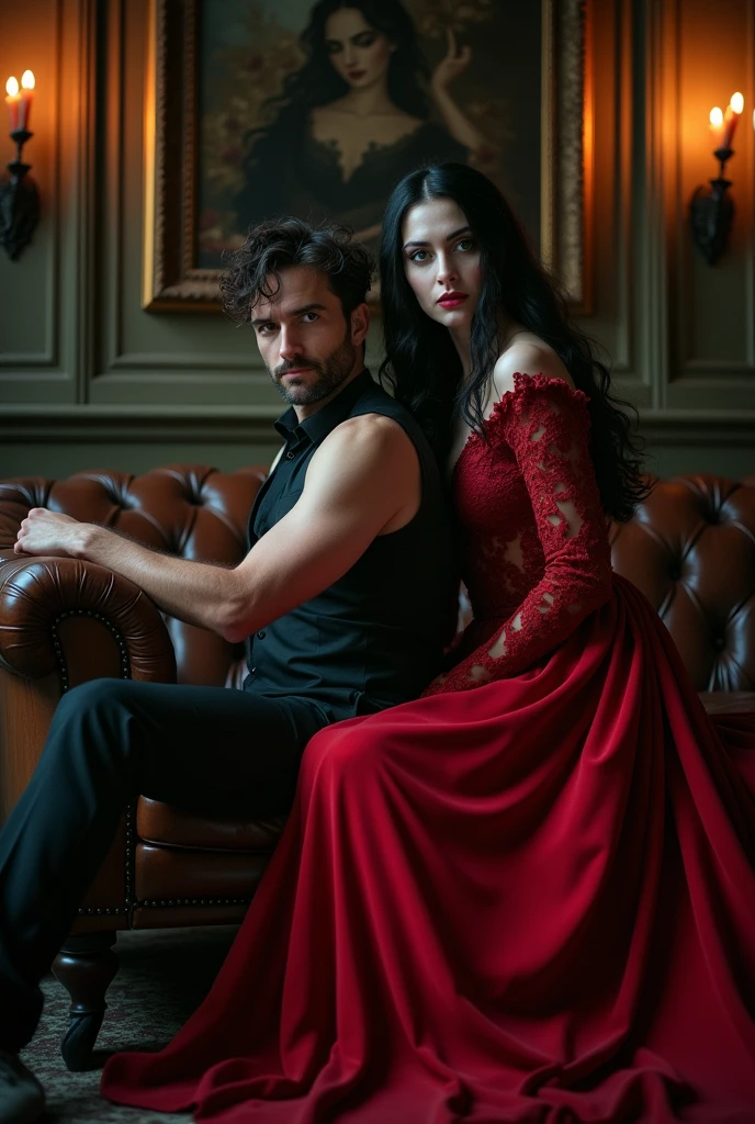 Man sitting on sofa and behind him, a vampire woman