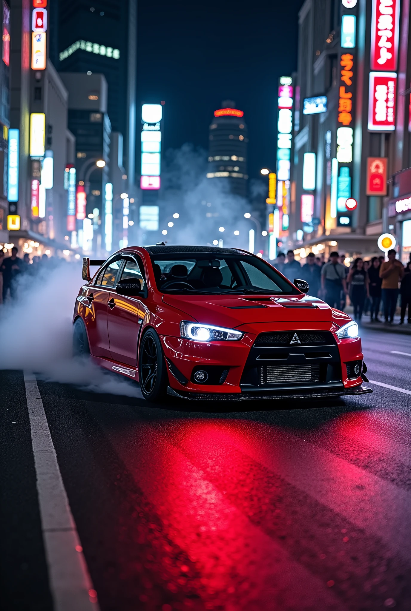 (photorealism:1.2),a man driven the lancer evo x(glossy red)(sporty modified), (random angle view) at nights in tokyo city, very detailed carbon parts, smokes near the tire just like drifting, car lights is on, people taking picture with cellphones