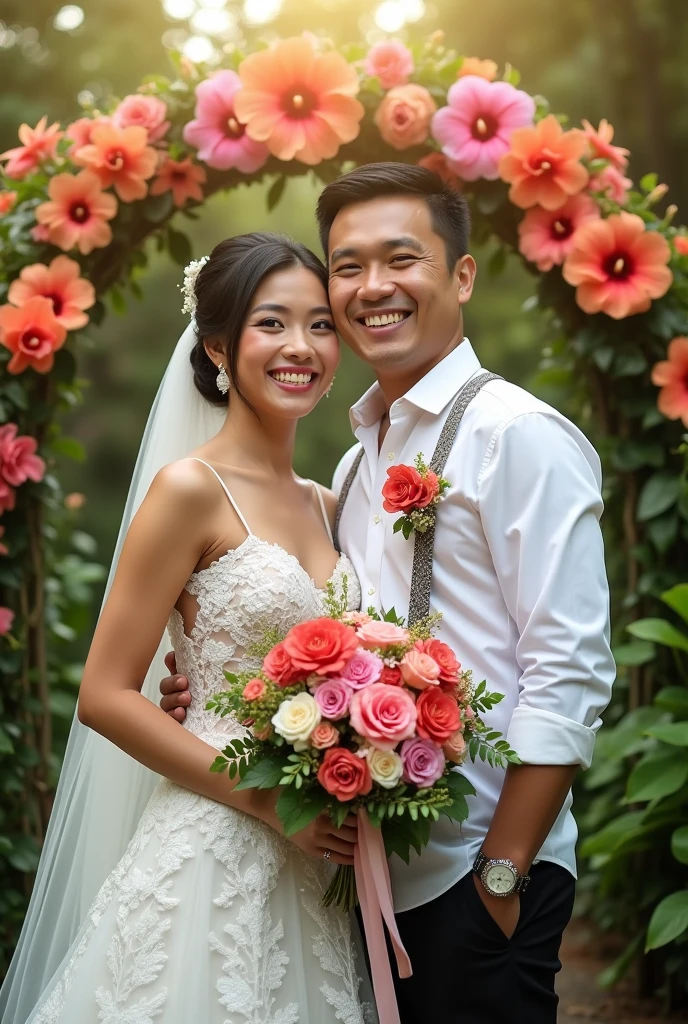 Real pinoy couple wearing wedding gown say cheese with back ground arounding flowers 