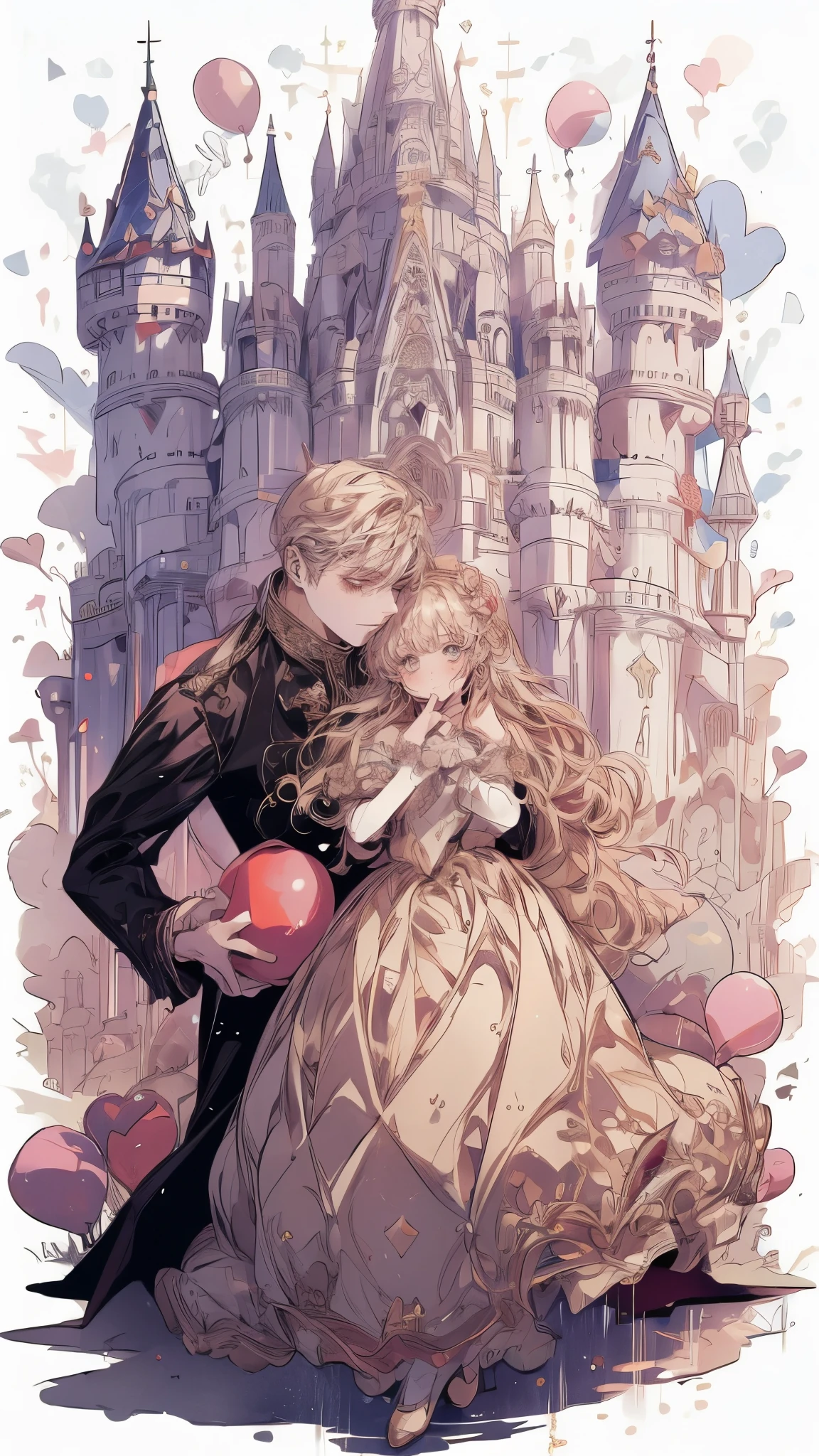Princess、Prince、Golden long dress、Dance、Castle、firework、A lot of balloons、smile