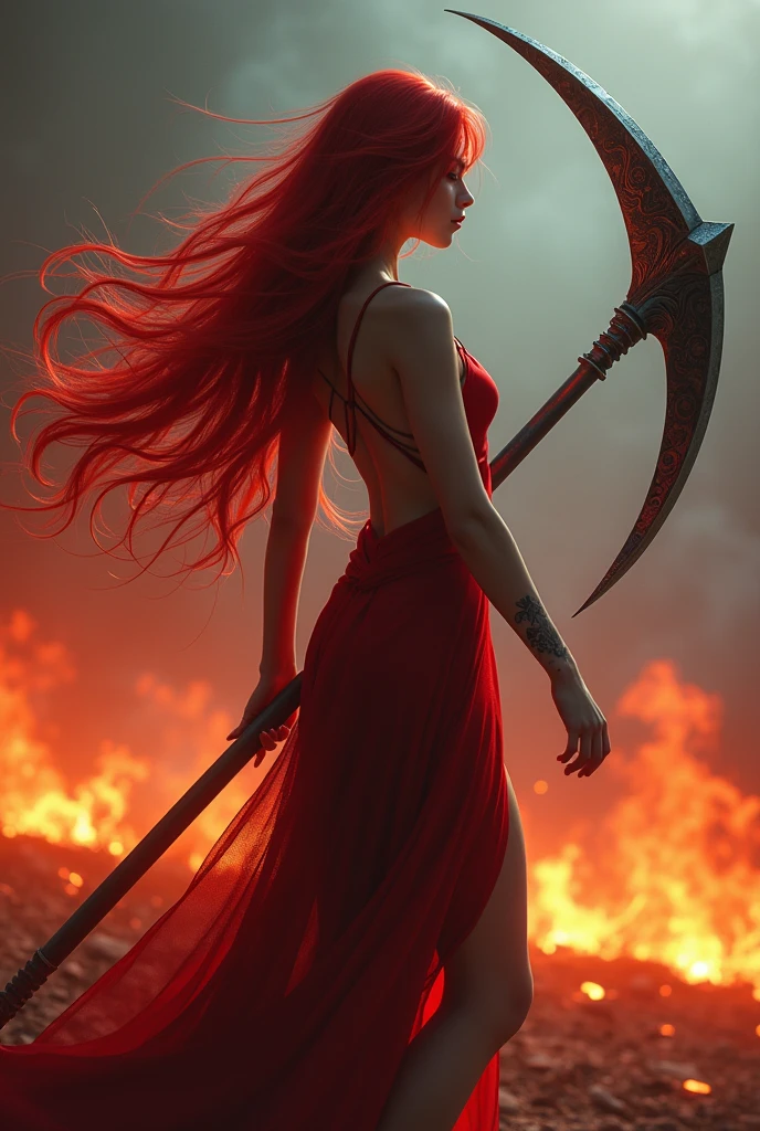 ((masterpiece, highest quality, Highest image quality, High resolution, photorealistic, Raw photo, 8K)), ((Extremely detailed CG unified 8k wallpaper)), (huge stunning goddess shot, very hot and sexy, jaw-dropping beauty, perfect proportions, beautiful body, slim body beauty:1.4), A girl wielding a huge scythe, movie poster, (a huge scythe:1.5), red-haired angel reaping life on a battlefield of iron and fire,