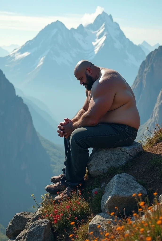 Generates a very strong and fat bald man with a sad back sitting on a mountain