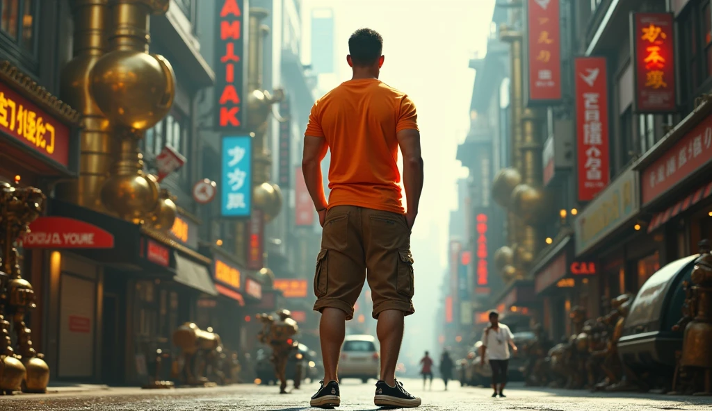 Muscular man wearing a shirt with long shorts Long loose shorts With pockets on the sides with converse sneakers Orange T-shirt and brown shorts Long short, long short, long In a fantastic and surprised Tokyo steampunk city there are steam robots Very cinematic