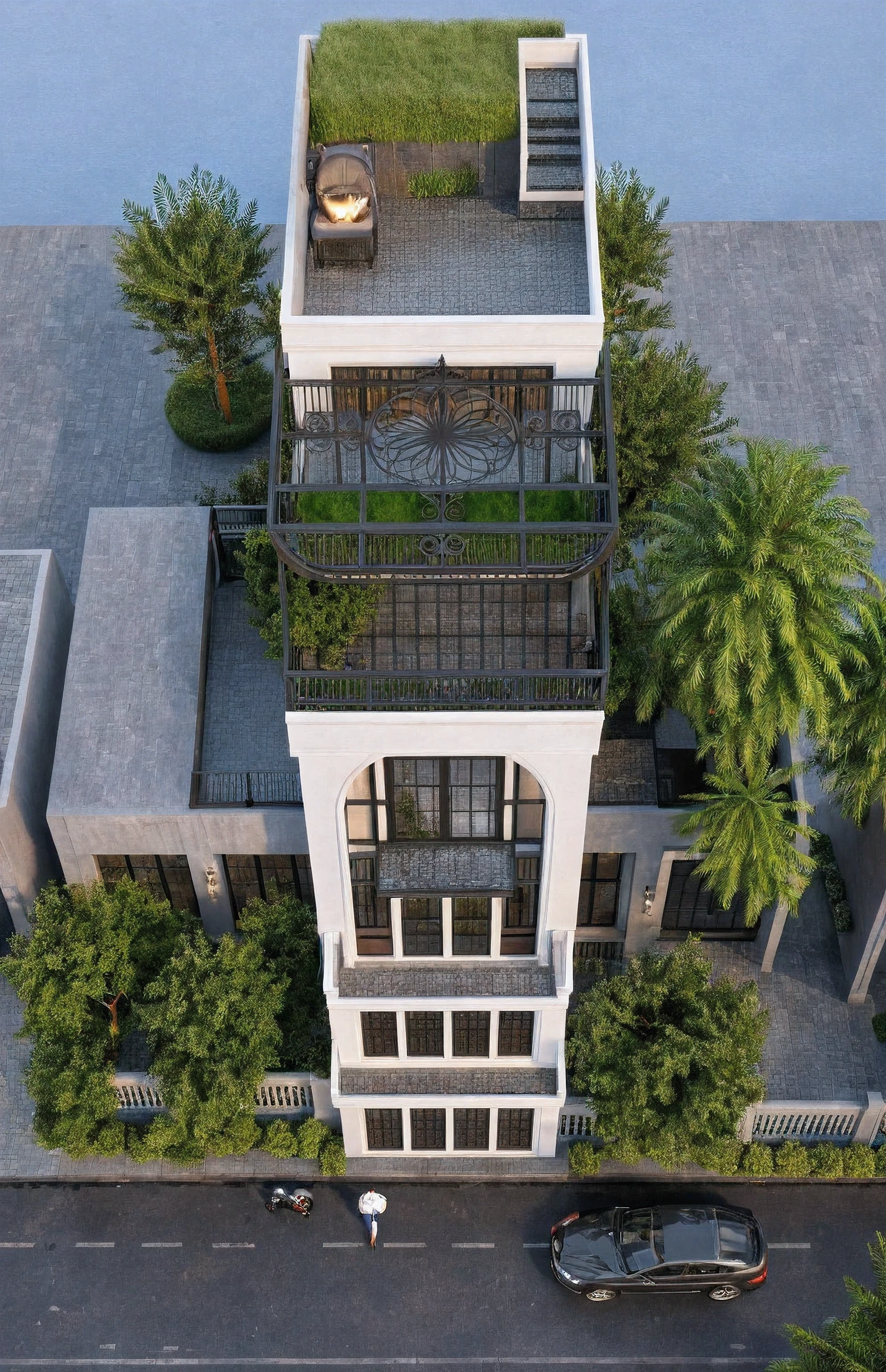 Raw photo,Masterpiece, high quality, best quality, authentic, super detail,
exterior, outdoors, house style indochine on the street ,aiaigroup
road,pavement, grass, trees, sky, cloud, (day:1.1)