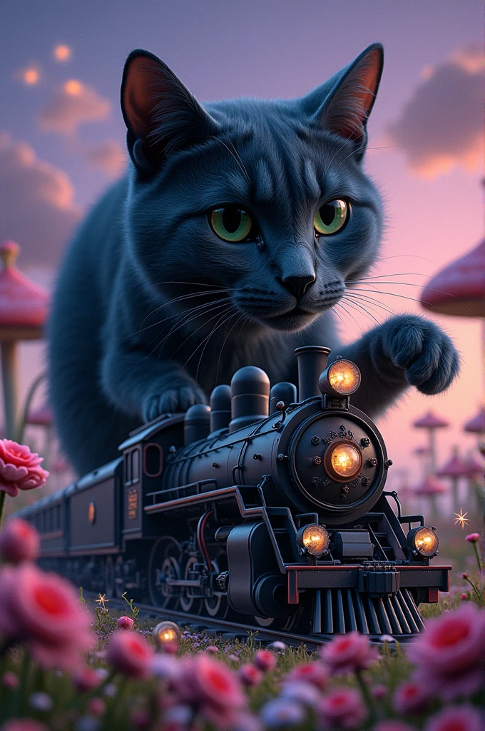 A big black cat swallow a big train