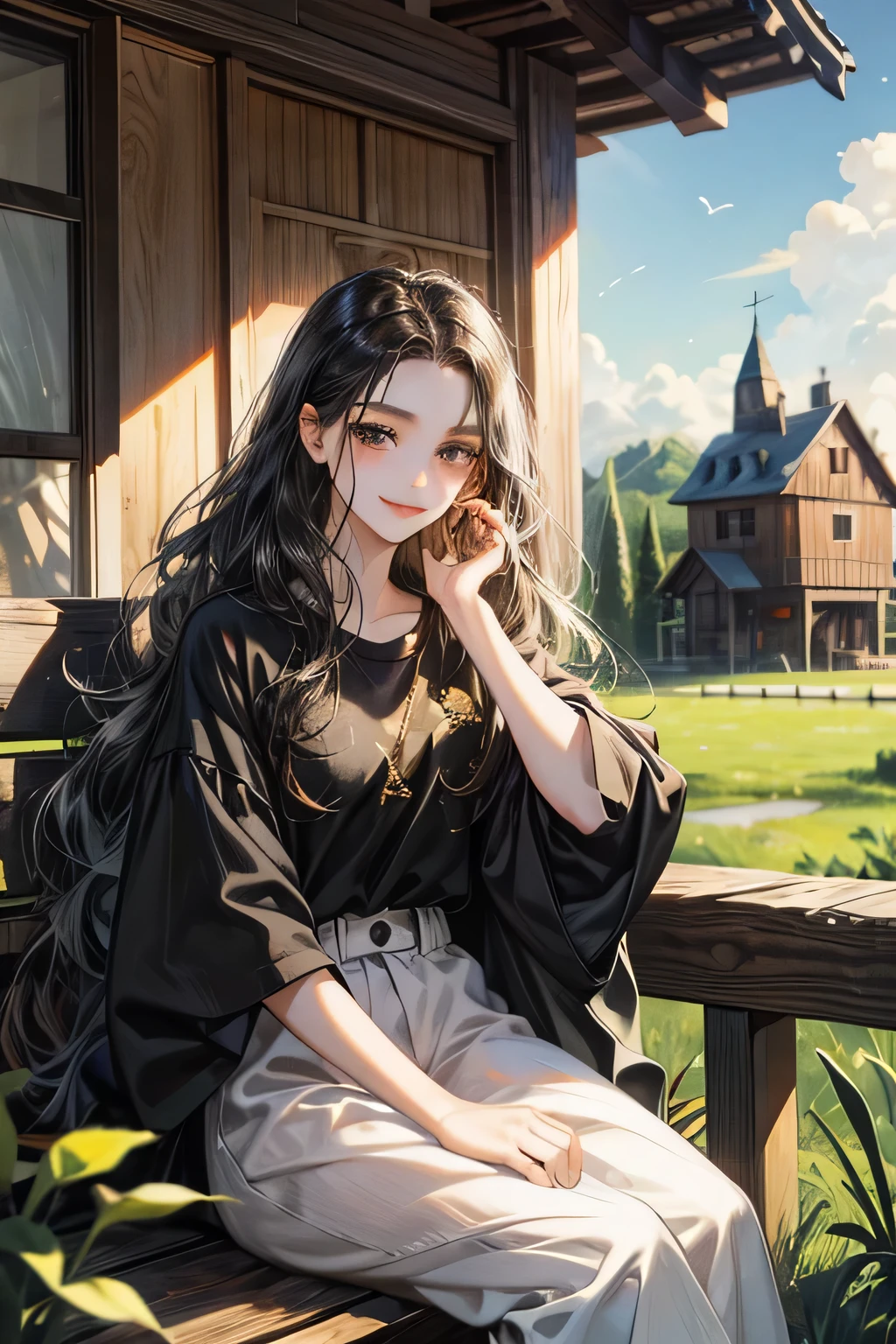 young girl, long black wavy hair, black eyes, white shirt, smile, village wood house, sitting in the yard, with gold bird