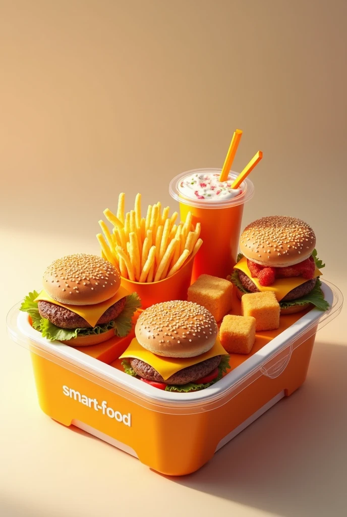 Créer moi une marque de nourriture qui s'appelle : Smart-food, ils proposent des nouritures de fast food livré dans une boite en plastique transparent, la boite edt un carré avec des bords arrondis et une ouverture,, la nourriture doit être Géométrique, avoir des formes carrés, comme un burger et des frited carrés, un coca cola carré, des nuggets carré, et un McFlurry carré, a bord arrondis, toutes les nourritures sont rassembles dans un seul conteneur, les nourriture doivent etre carrés