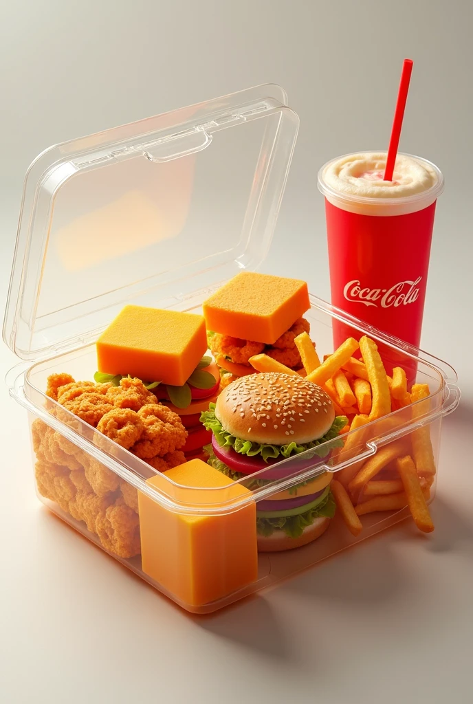 Créer moi une marque de nourriture qui s'appelle : Smart-food, ils proposent des nouritures de fast food livré dans une boite en plastique transparent, la boite edt un carré avec des bords arrondis et une ouverture,, la nourriture doit être Géométrique, avoir des formes carrés, comme un burger et des frited carrés, un coca cola carré, des nuggets carré, et un McFlurry carré, a bord arrondis, toutes les nourritures sont rassembles dans un seul conteneur, les nourriture doivent etre carrés