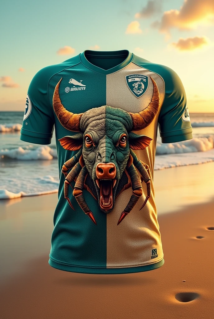 Soccer uniform with sea and land colors , with symbols of a bull and a lobster