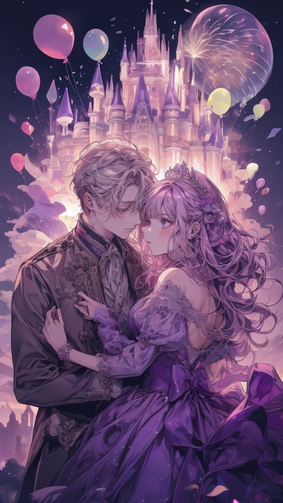 Princess、Prince、Purple long dress、Dance、Castle、firework、A lot of balloons、smile