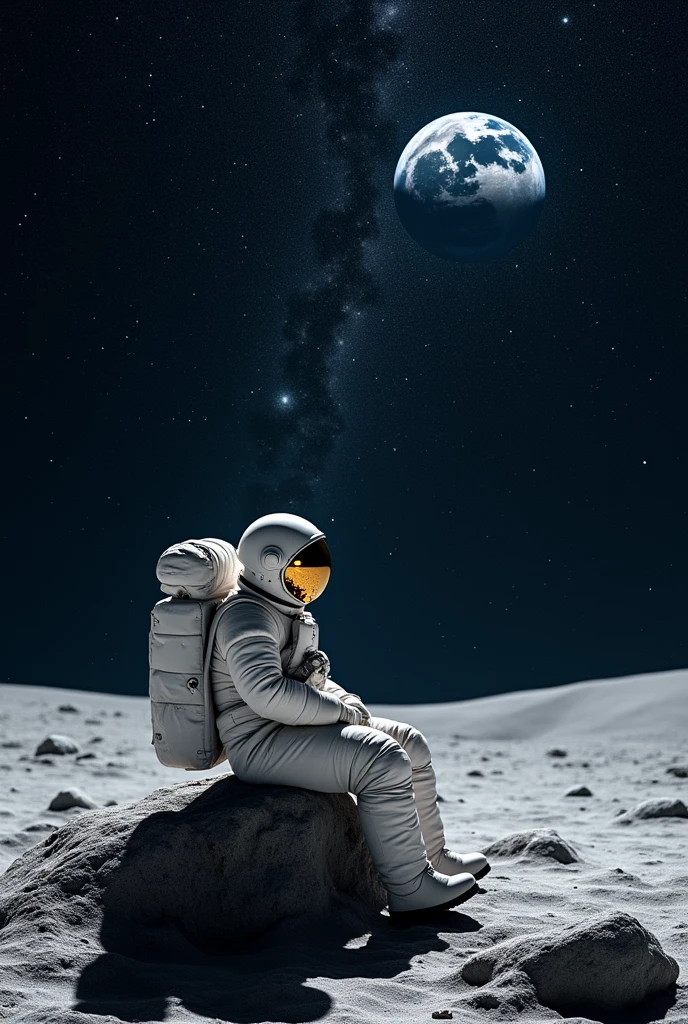 an astronaut sitting an leaning against a rock on the moon looking up at the sky with myriad of stars in the outer space, distant view