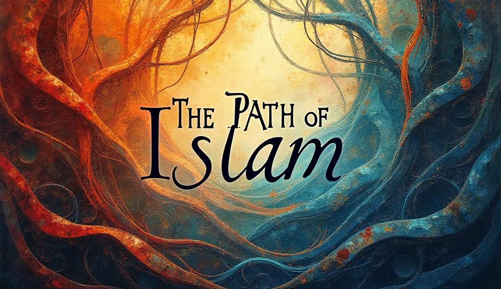Create a visually appealing Facebook cover photo with abstract Islamic art elements. Include the phrase 'The Path of Islam' in a clean, elegant font that contrasts with the artistic background."