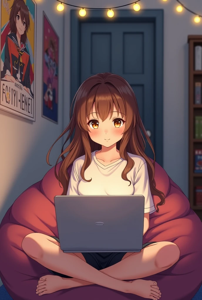 An anime girl with brown hair and brown eyes reading her blog and replying to comments