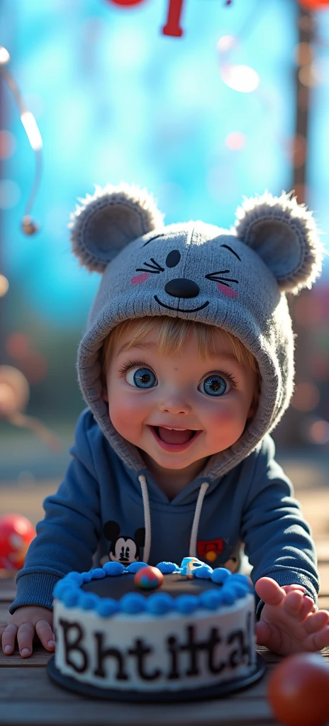 baby boy. He has light skin, short light dark blond hair with bangs. Dark Blue eyes. He is smiling brightly. he is wearing a gray hat with bear face. He is wearing a blue hoodie with in mickey mouse aesthetics. Character should be colorful and have a fun, friendly look, with exaggerated, expressive features. Big expressive eyes, he has a beautiful birthday cake with 3 colors, blue, white and black. He is celebrating his first birthday. Pixar style