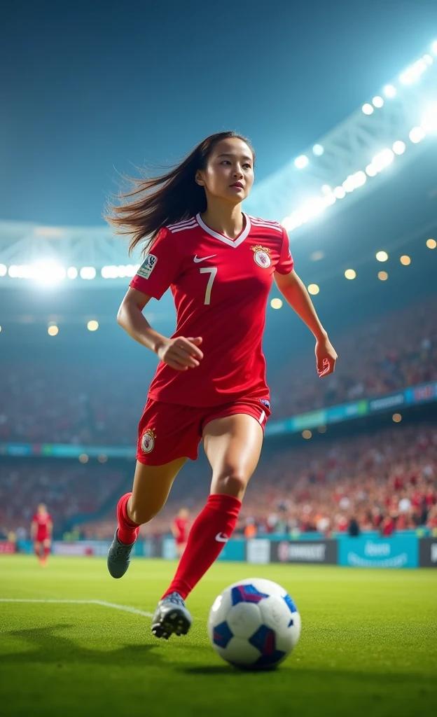 （Asian super beautiful girl），play soccer，Red jersey，World Cup stadium as background
