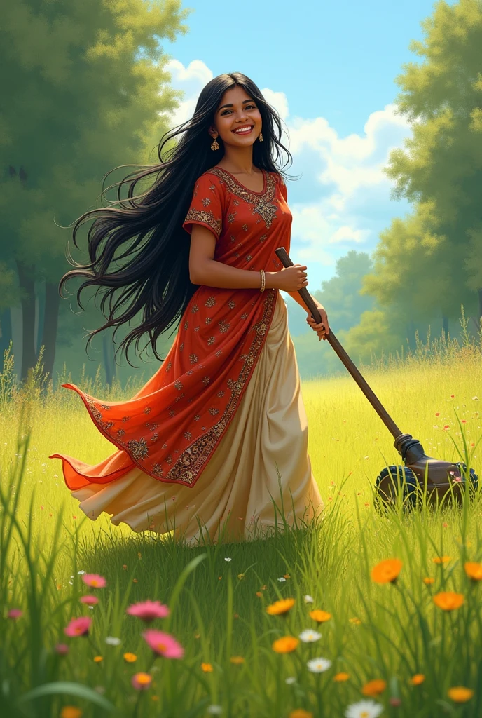A beautiful Indian girl mowing the grass