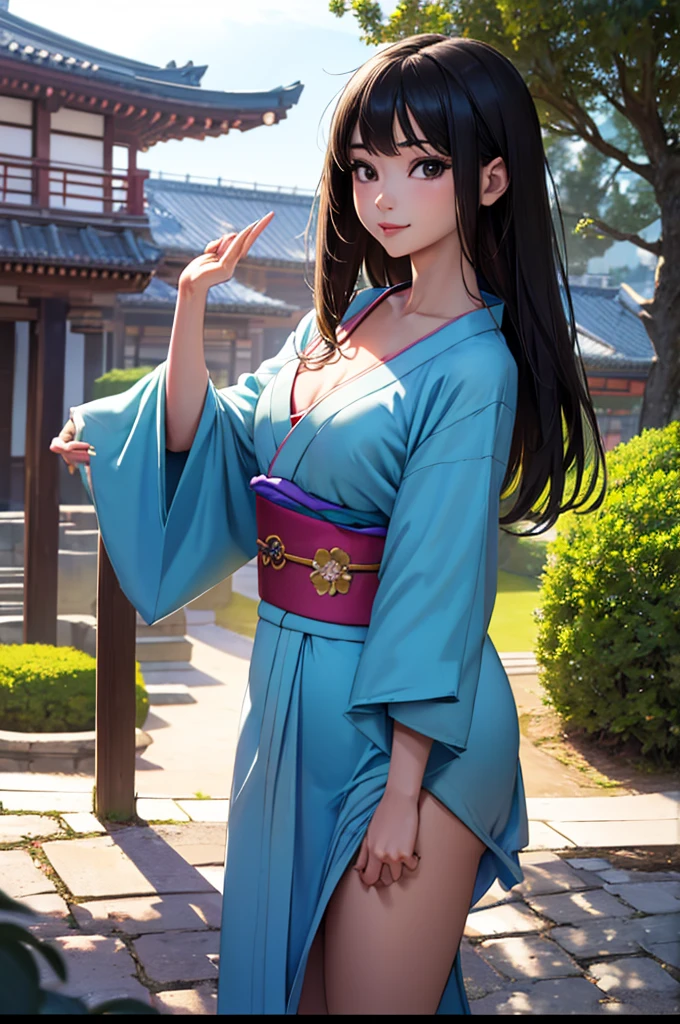 Japanese girl looking at viewer, (8k, raw photo, masterpiece:1.3), (realist, photorealist:1.1), 1 girl, Best Quality ,hyper detailed, High resolution, Skinny body, (happy, happy,smile:0.9), casa oriental, outdoor, field, thighs, (kimono:1.2),medium chest, long black hair