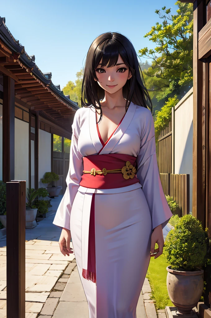 Japanese girl looking at viewer, (8k, raw photo, masterpiece:1.3), (realist, photorealist:1.1), 1 girl, Best Quality ,hyper detailed, High resolution, Skinny body, (happy, happy,smile:0.9), casa oriental, outdoor, field, thighs, (kimono:1.2),medium chest, long black hair