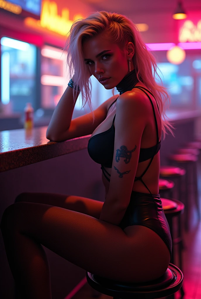 Best Quality, Ultra-High Definition, 8K Resolution, 32K Resolution, Masterpiece, High Detail, Ultra-Detailed, Photorealistic, Hyper-Realistic, Extremely Detailed, shot on Nikon D850, High Fidelity, Crisp Details, Sharp Focus, Realistic Textures, Intricate Details, Highly Detailed Eyes, Realistic Skin Texture, Beautiful photograph, low angle shot, intricate details, full body shot, 32-year-old seductive blonde,small breasts, skinny, cyberpunk hairstyle, seductive skintight modern outfit, in a bar, sitting with legs spread,