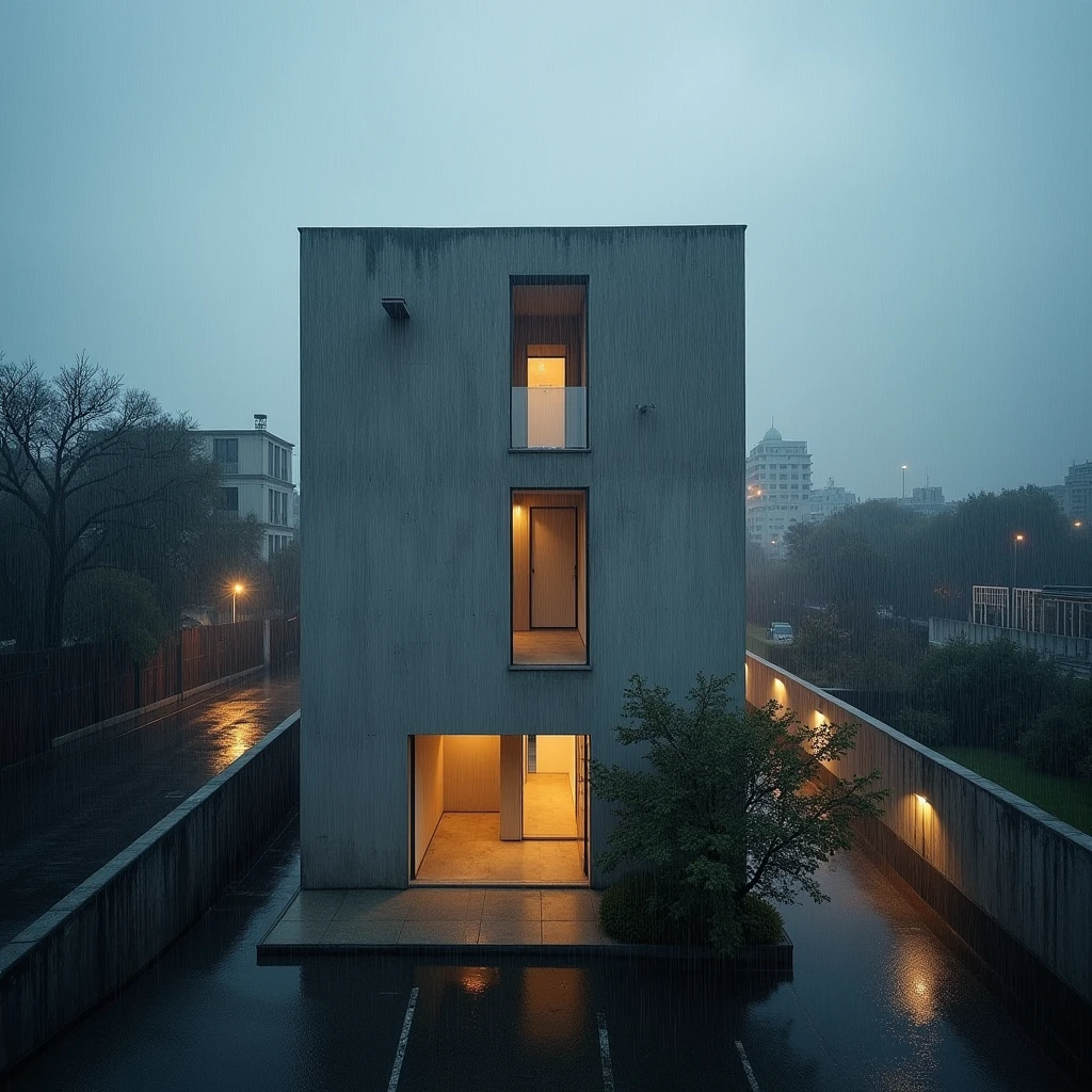 RAW photo taken with the Nikon D7500 + NIKKOR AF-S DX camera, 18mm lens, ultra wide, top angle, 8k, top quality, HdR, Extremely high realism, extreme realism, lamp temperature 9,000K, at 7 am, On a very cold morning with (((heavy and heavy rain))) and a (((completely grey sky))). In the heart of a vibrant city, Casa Minimalista stood majestically. A symbol of Brutalist architecture, Designed by architect Alberto Campo Baeza. The facade, A statement of power and simplicity.