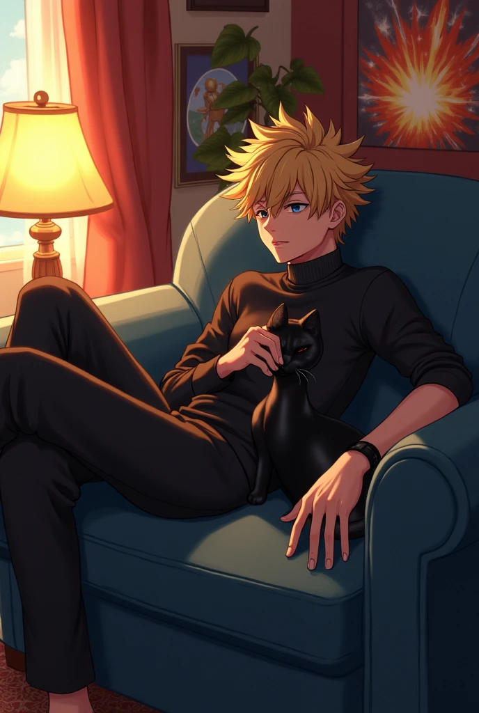 Adult Katsuki bakugo sitting on a dark blue couch with a black cat on his lap petting it