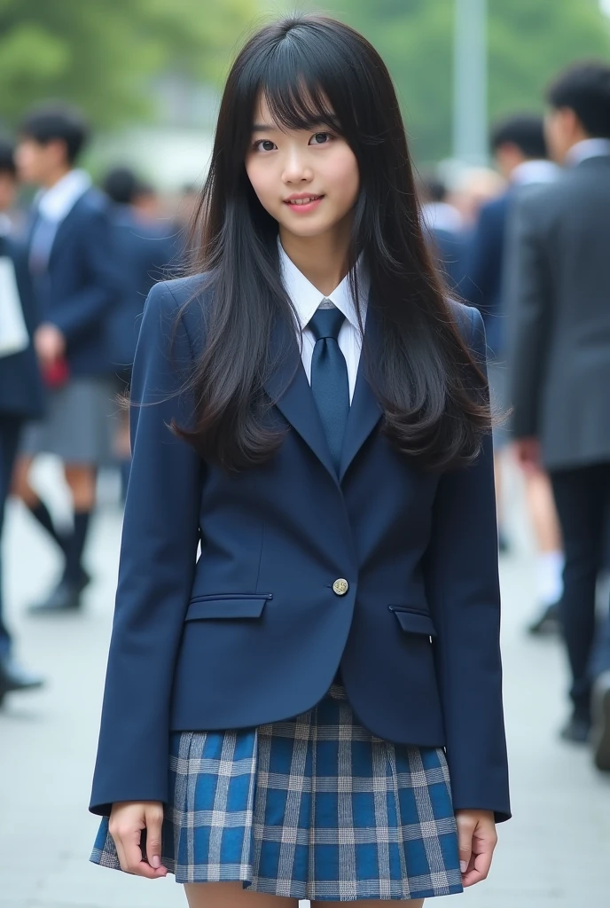 Black-haired Japanese high school girl。
The uniform is a blazer and the top is navy blue, giving it a realistic, photo-like feel.。
The skirt is checkered in light blue, navy blue, and gray.。
The length of the skirt is a little short, the length of the hair is down to the waist, and the bangs are long enough to cover the eyebrows. It looks like Nogizaka46. She looks like she's in the volleyball club. She's being looked at from the right diagonal. It's like a photo.