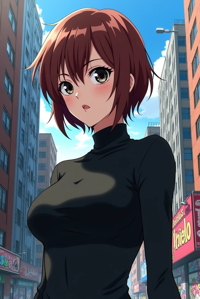 27 year old girl with dark copper brown hair, con un butterfly haircut, short side swept bangs, seductive black eyes and long eyelashes, Of clothing he wears a tight black turtleneck sweater, He has a mole on the side of his lip, drawn in the style of the anime my hero academia