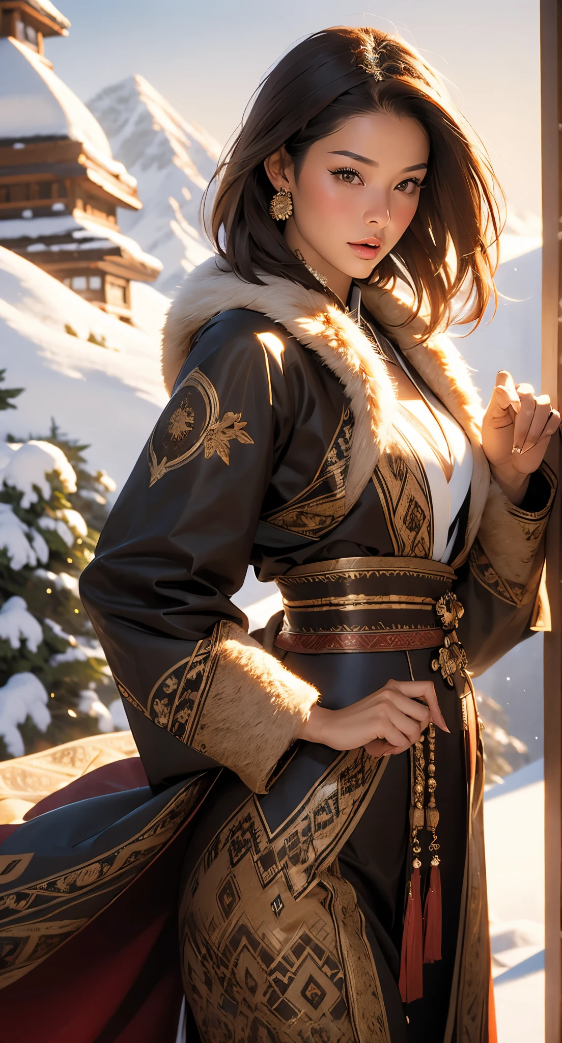 1 woman, Oriental woman, 23 years old, short brown hair, olive skin, smaller head, brown eyes, toned body, medium breasts, long coat with fur and hoods, full traditional costume , masterpiece, ultra HD, realistic masterpiece, blurred background, snowy mountain, dynamic poses, perfect hands, perfect face, perfect details, sharp focus