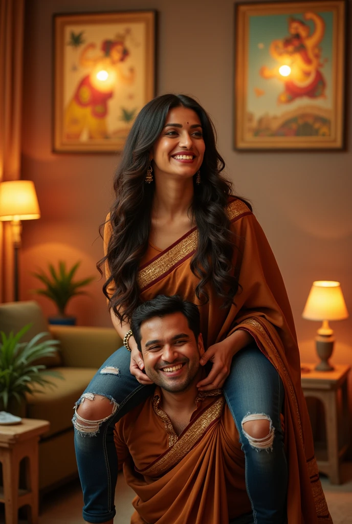 Create a realistic photograph of a smiling and beautiful indian actress in brown silk saree carrying a large chubby man on her shoulders in a room, man is sitting on top of her shoulders , man on top, woman at bottom 