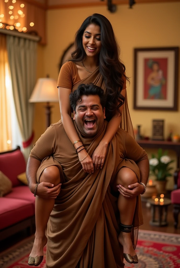 Create a realistic photograph of a smiling and beautiful indian actress in brown silk saree carrying a large chubby man on her shoulders in a room, man is sitting on top of her shoulders , man on top, woman at bottom