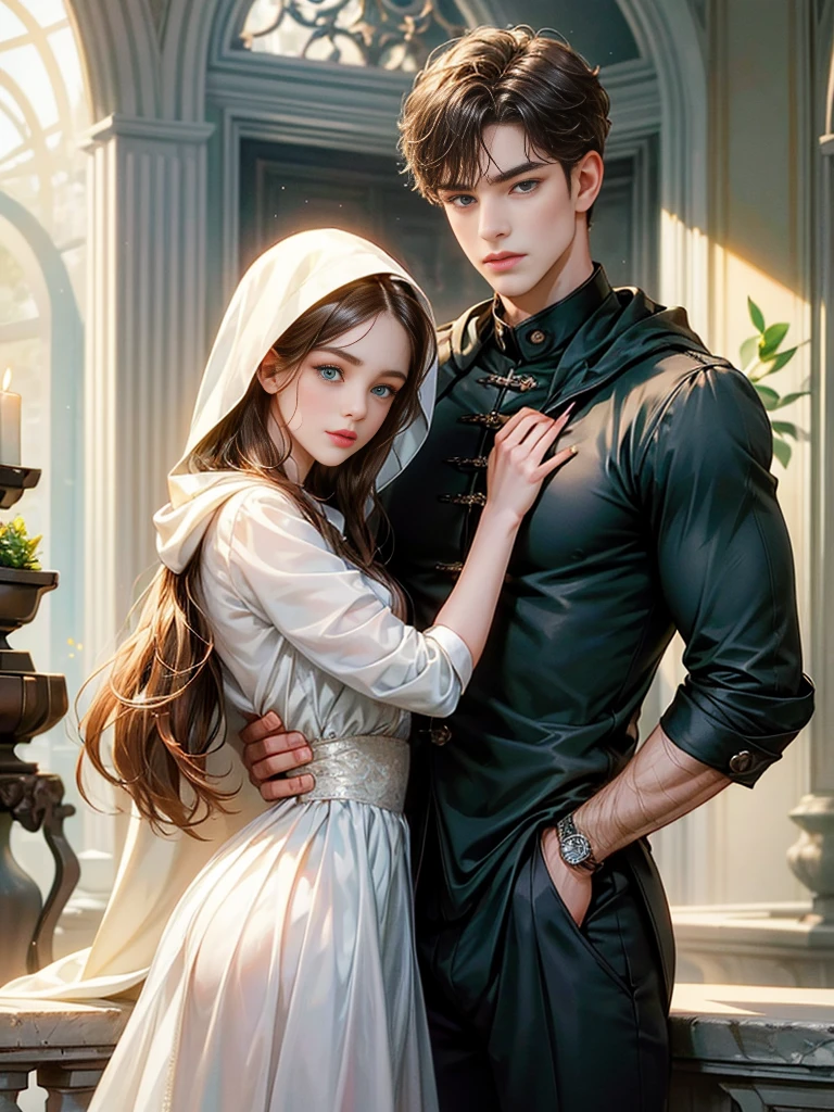 The boy has a handsome face, symmetrical face, symmetrical eyes. Short black hair, green eyes. He looks at the viewer. The girl has a beautiful face, symmetrical face, hooded eyes. Long brown hair, blue eyes.