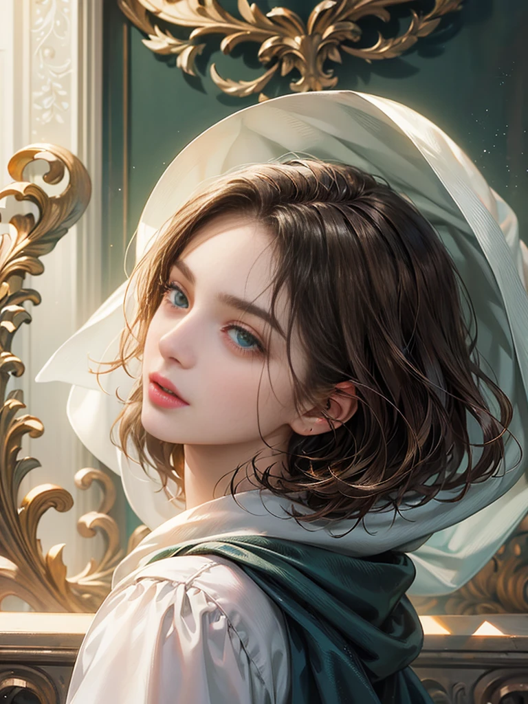 The boy has a handsome face, symmetrical face, symmetrical eyes. Short black hair, green eyes. He looks at the viewer. The girl has a beautiful face, symmetrical face, hooded eyes. Long brown hair, blue eyes.