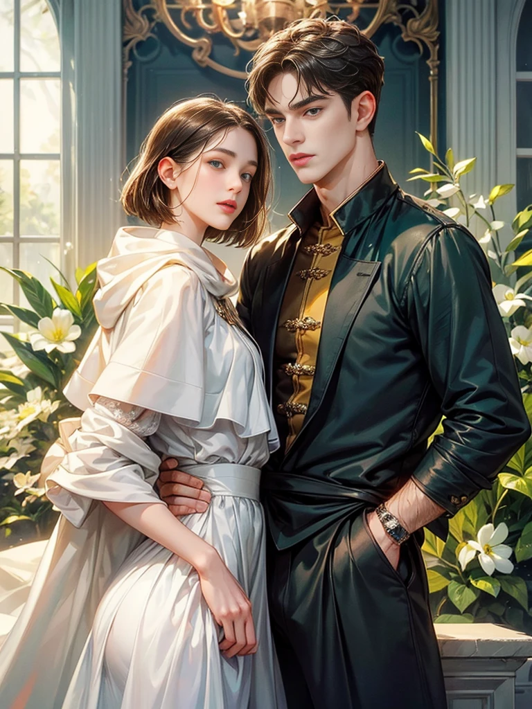 The boy has a handsome face, symmetrical face, symmetrical eyes. Short black hair, green eyes. He looks at the viewer. The girl has a beautiful face, symmetrical face, hooded eyes. Long brown hair, blue eyes.