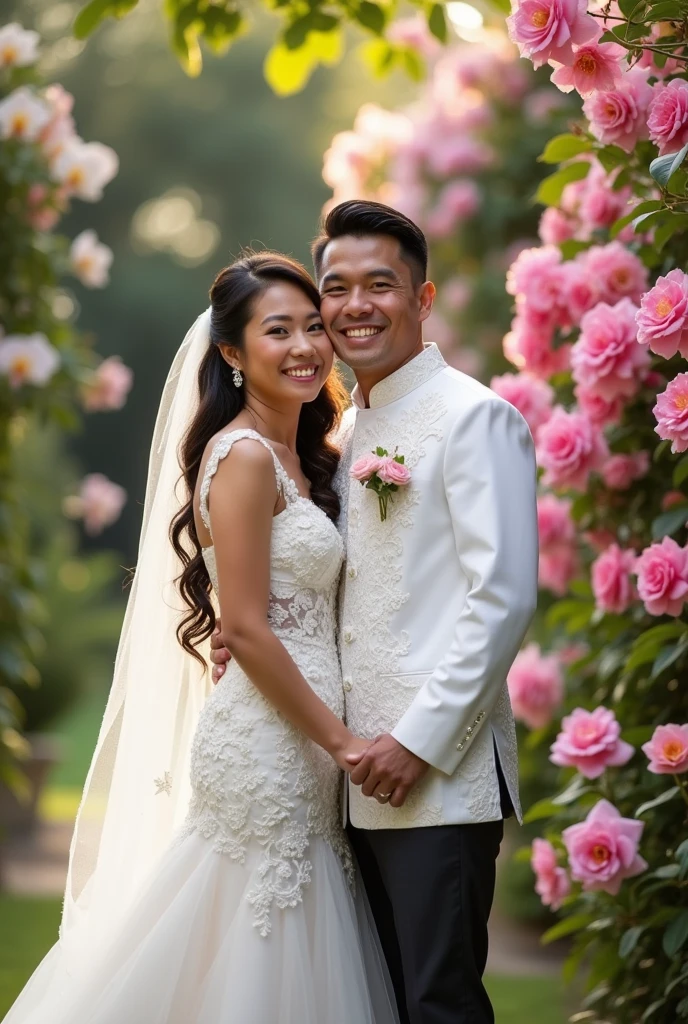 Real pinoy couple wearing wedding gown say cheese with back ground arounding flowers