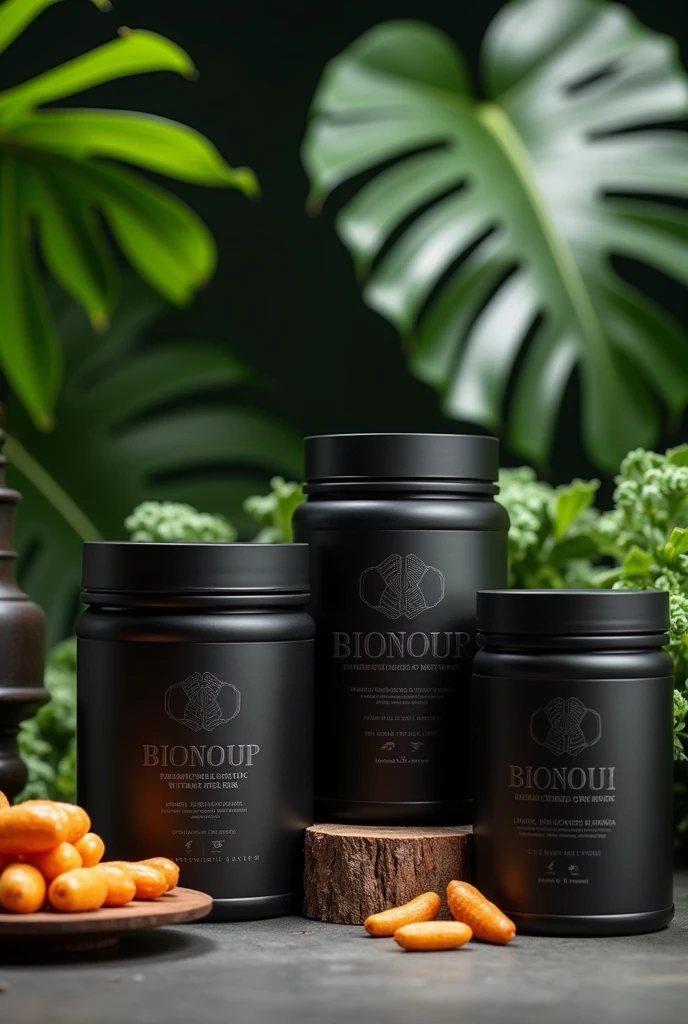 Bio luxury style image of gym supplements that say BIONOUR ñ