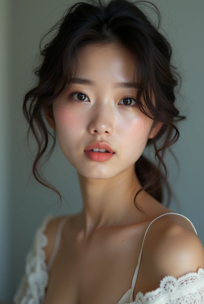 You are a professional glamour photographer..、(((One person,One personで))),(Highly realistic photos, High resolution, Detailed face, Narrow eyes,Thin lips)、 Japanese women, 28-year-old, Modern beauty standards, ,Healthy Body,Foggy