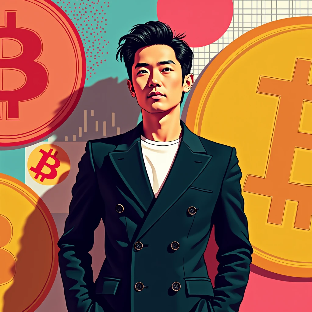 (masterpiece, Highest quality:1.1),Pop Art,Flat Color, Man in Black, Man wearing a double-breasted jacket,Hairstyle Center Part,Bitcoin background, Dynamic Angle,39-year-old male,Japanese men,A white T-shirt underneath the jacket,