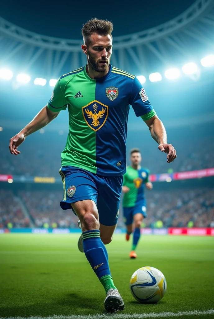 Soccer uniform with blue and green colors , with symbols of a bull and a lobster 
