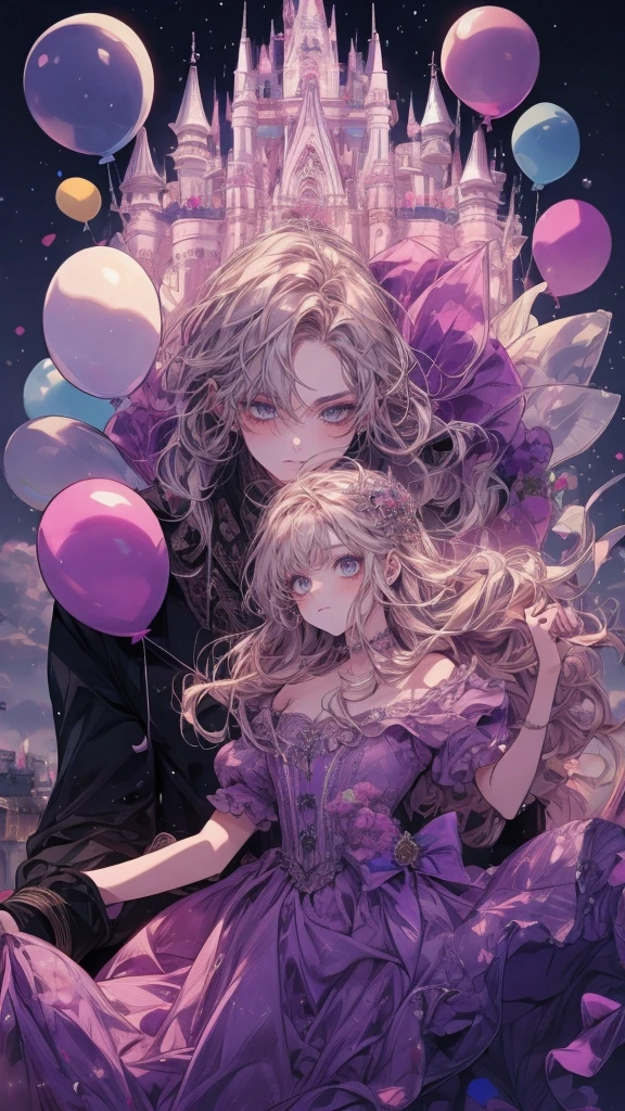 Princess、Prince、Purple long dress、Dance、Castle、firework、A lot of balloons、smile