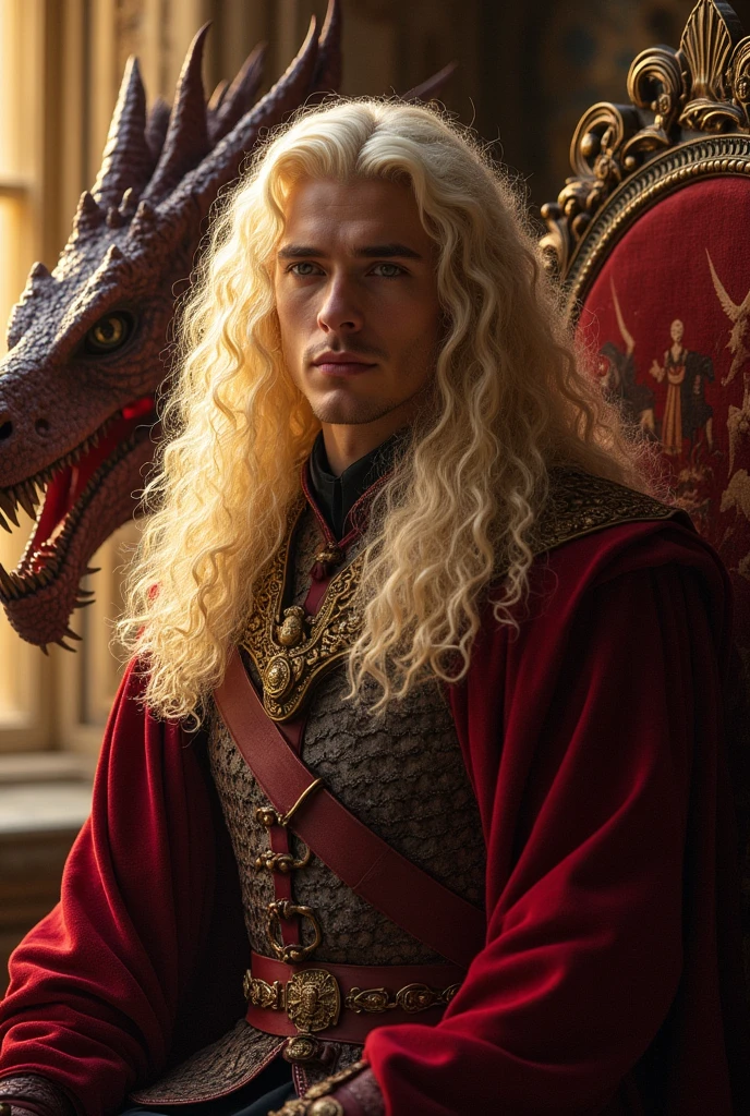 intricate highly detailed portrait of a handsome aesthetic targaryen prince, long curly platinum blonde hair, a large Dark Red dread targaryen dragon next him.
