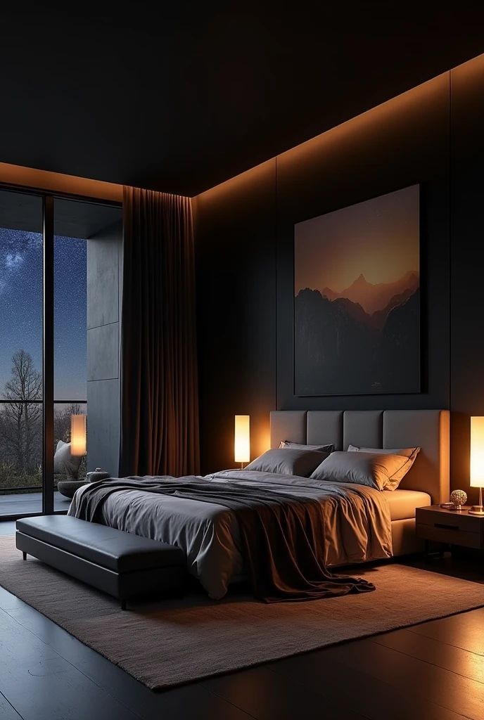 Une grande chambre à coucher pour un couple , une chambre extraordinairement moderne avec un fond noir et sexy 