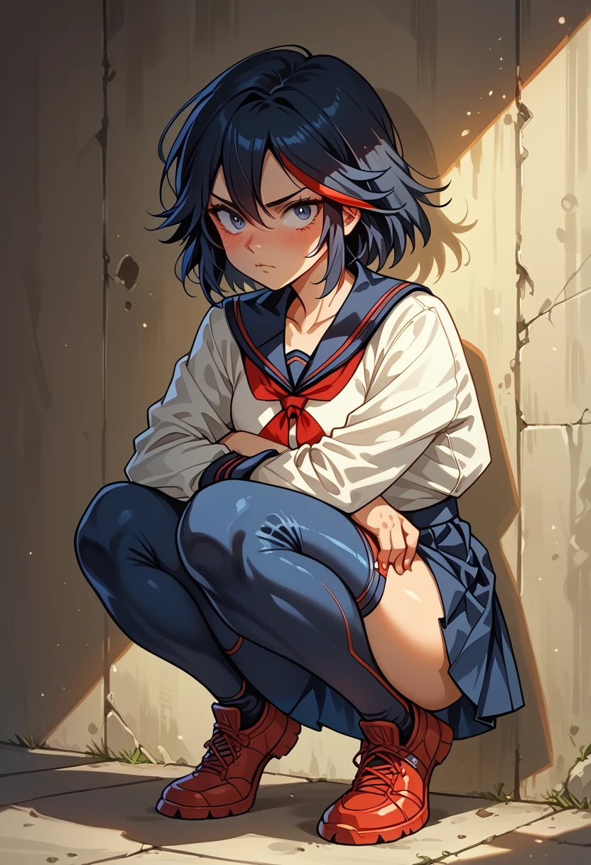 Beautiful, masterpiece, Best quality, very detailed face,  perfect lighting, 1 girl, One,  Matoi Ryuuko B, shadow, Suspender skirt, Squat,blush,  cowboy shot