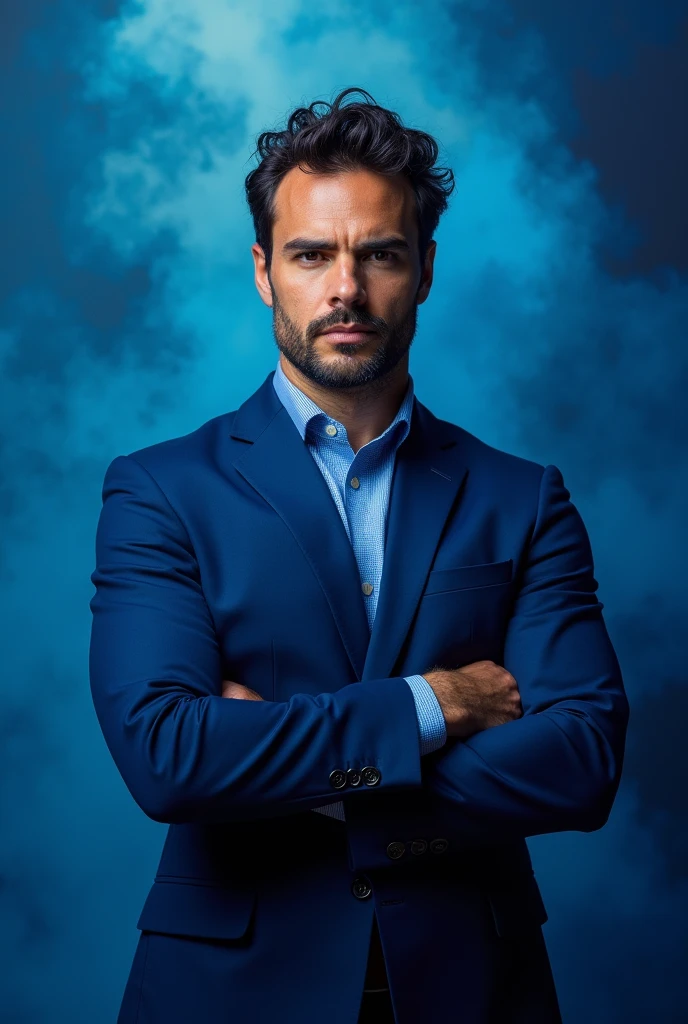 Make a picture of Montserrat Guibernau with blue theme and mke him pose a power pose