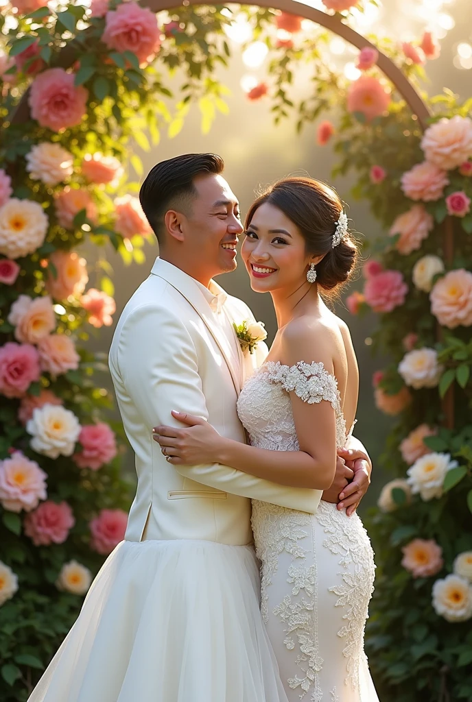 Real pinoy couple wearing wedding gown say cheese with back ground arounding flowers