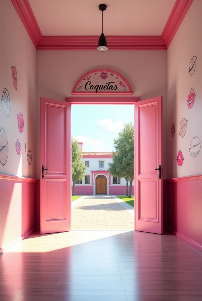 (photorealism:1.2)
In a pink and white classic school hallway, At the end of the hallway there's a pink big school open door that leads to the school yard, A sign that reads the words "Colegio Coquetas" is over that door, and many drawings of 💋 can be seen on the walls,
View: Over the shoulder perspective photo,
high resolution, masterpiece, best quality, intricate details, highly detailed, Hiperrealistic