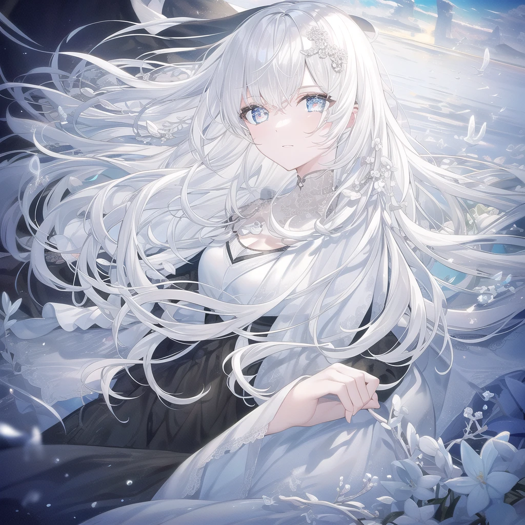 ((masterpiece, best quality))++, Detailed lighting+,  Detailed hair+, Detail hand+ ,1 girl, Miss, Long hair,   Crimson eyes,  beautiful eyes, Young black and white hair,,(Beautiful black and white hair:1.5),(Beautiful and delicate eyes),  high resolution+,glass tint, Reflective eyes,   {{angle}} , Very detailed wallpaper, The original, Air bangs，Extremely beautiful CG，Firefly，Nature，ocean