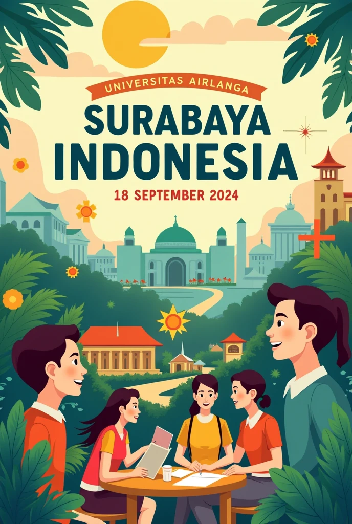 Create banner based on this information
KELULUSAN PERMOHONAN PELAJAR KE LUAR NEGARA BAGI TUJUAN MENYERTAI PROGRAM
SUMMER ACADEMIC PROGRAM AND INTERNATIONAL COMMUNITY SERVICES ENGAGEMENT AT
SURABAYA, INDONESIA
Tempt Latihan
Tempoh Latihan
Summer Academic Program and International Community
Services Engagement at Surabaya, Indonesia
Universitas Airlangga, Surabaya, Indonesia
14 September 2024 - 28 September 2024