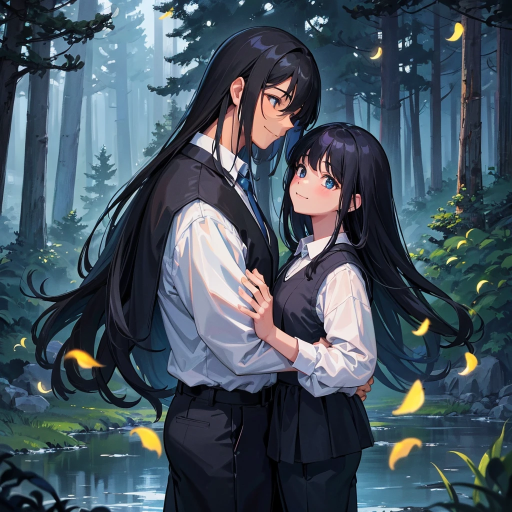 Masterpiece level, Great style, The deep love between father and daughter, Shots from high positions, The house is on the left side of the frame, The background is night, dark blue, Starry Sky, Very flexible and creative, Smiling father wearing a white vest and black trousers, Take the girl by the hand, The girl has beautiful black hair., Grass and fireflies cover the bottom of the painting., The tall pine trees on the right form a forest..